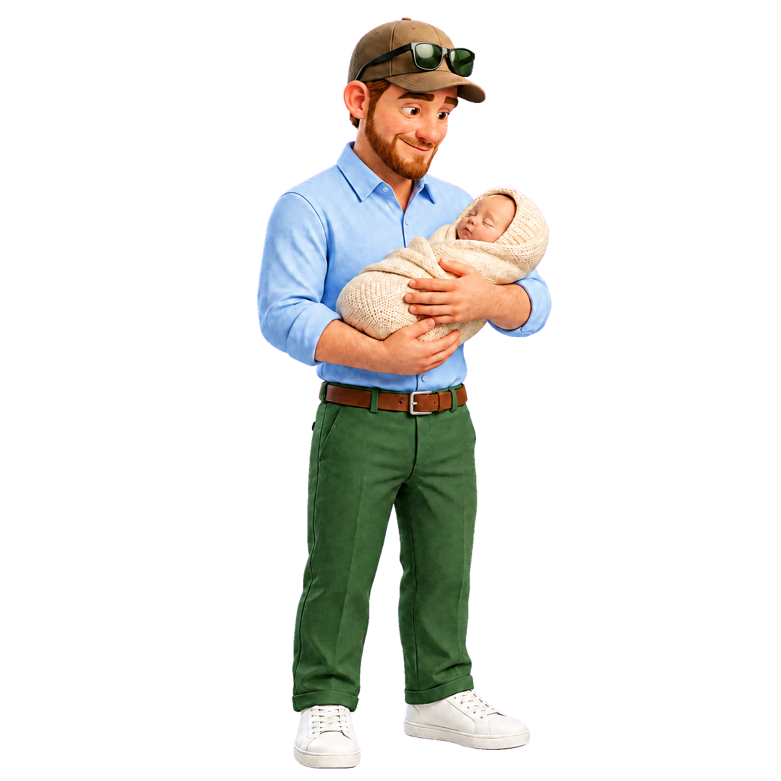 Als frischgebackener Vater mit Baby im Arm